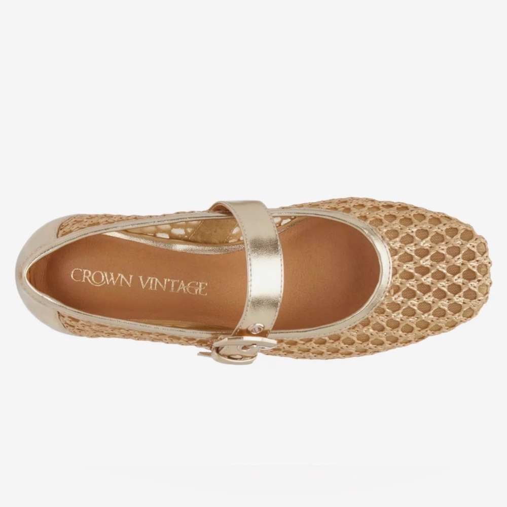 Crown Vintage | Nalahni Mary Jane | Balletcore | Flat | Woven Raffia | Gold - Picture 4 of 9
